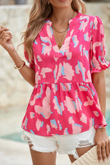 Rose Abstract Print Smocked Puff Sleeve V Neck Peplum Blouse