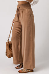 Brown Casual Drawstring Shirred Elastic Waist Wide Leg Pants