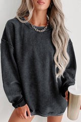 Pink Solid Ribbed Round Neck Pullover Sweatshirt