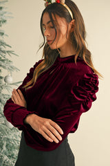 Red Mock Keyhole Neck Puff Sleeve Velvet Blouse