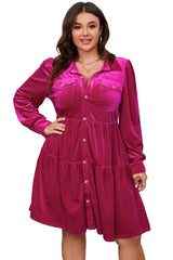 Rose Red Plus Size Velvet Long Sleeve Button-Up Tiered Dress