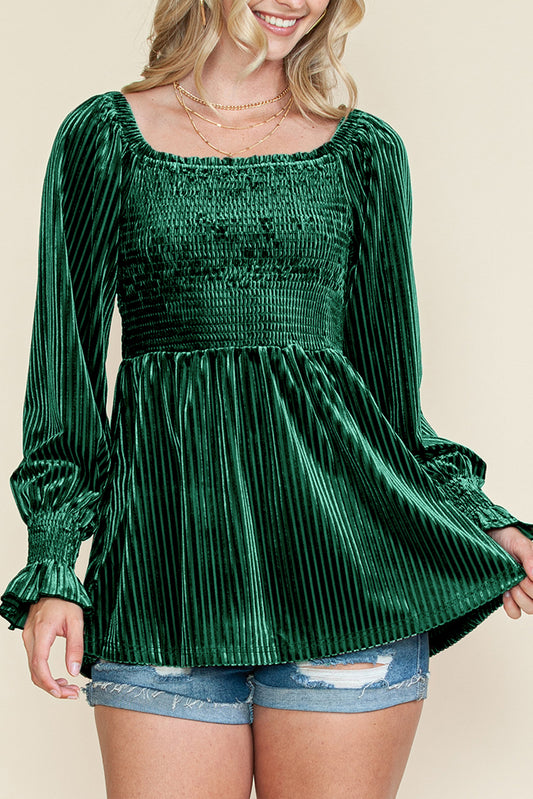 Blackish Green Smocked Ribbed Velvet Babydoll Top