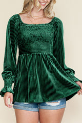 Blackish Green Smocked Ribbed Velvet Babydoll Top