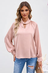 Pink Elegant Keyhole Long Sleeve Satin Blouse