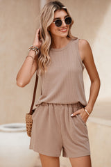 Medium Grey Corded Sleeveless Top and Pocketed Shorts Set