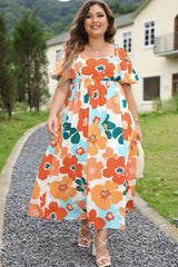 Orange Plus Size Floral Print Square Neck Maxi Dress