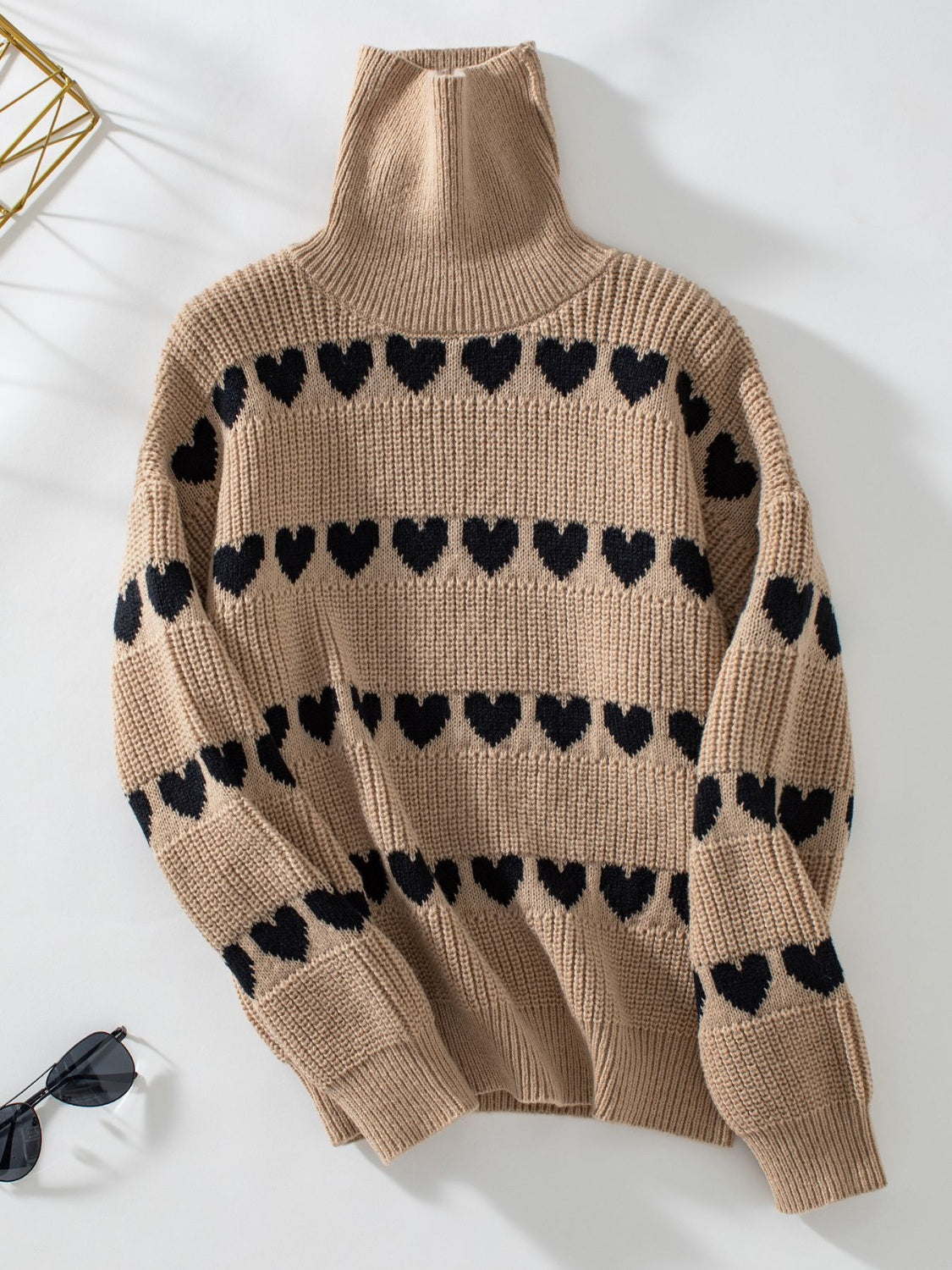 Heart Turtleneck Dropped Shoulder Sweater