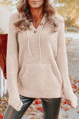 Apricot Buttons Pocket Cable Knit Hooded Sweater