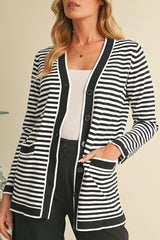 Black Striped Pocketed Button Long Cardigan