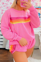 Black Colorful Striped Long Sleeve Pullover and Shorts Set