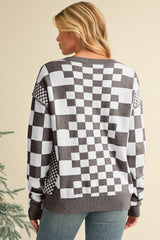 Khaki Checkered Drop Shoulder Round Neck Sweater