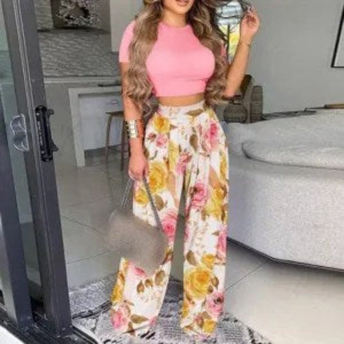 Two Piece Sets Elegant Print Short Sleeve Shirt Pullover + Wide Leg