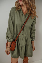 Jungle Green Puff Sleeve Buttoned Tiered Pleated Mini Shirt Dress