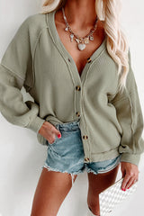 Green Exposed Seam Button Front Waffle Knit Cardigan