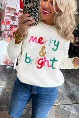 White Glitter Merry & Bright Round Neck Knit Sweater