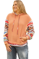 Khaki Geometric Patchwork Waffle Knit Plus Size Hoodie