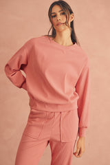 Blossom Ribbed Drop Shoulder Sweatshirt Pocketed Pants Set