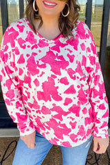 Rose Animal Print Long Sleeve V Neck Plus Size Top