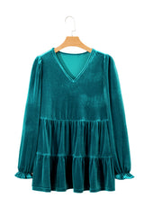 Sea Green Velvet V Neck Puff Sleeve Peplum Blouse