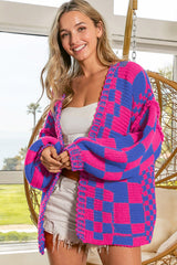 Orchid Petal Colorblock Checked Open Front Knitted Cardigan