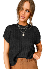 Black Cable Knit Crewneck Short Sleeve Sweater