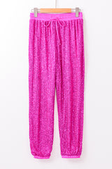 Rose Sequins Tie Elastic Waist Jogger Pants