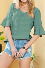 Beau Blue Ruffled Short Sleeve V Neck Textured Blouse