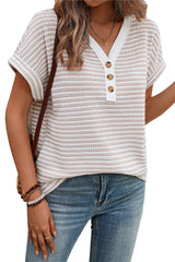 Khaki Striped Button Front V Neck Knitted Top