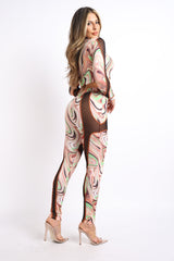 Swirl Print Mesh Contrast Top & Matching Pants 2 Piece Set