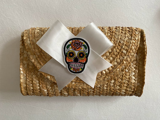 Rattan Straw Clutch with White Satin Bow & Sugar Skull