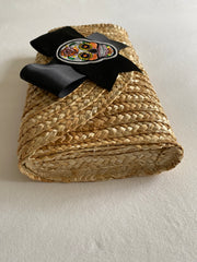 Rattan Straw Clutch with Black Satin Bow & Sugar Skull