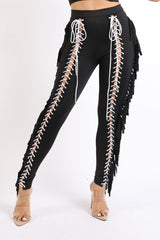 Chic Lace up Detailed Fringe Tassel Pants Leggings BLACK