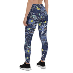 Oriental Floral Leggings on Navy Blue Background