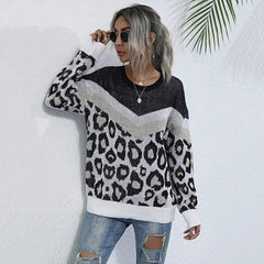 Womens Leopard Print Round Neck Sweater