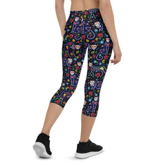 Womens Sugar Skull Cat Capri Leggings