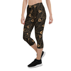 Art Deco Peacock Feather Black Capri Leggings