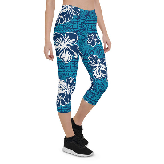 Womens Hawaii Hibiscus Blue Floral Capri Leggings