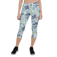 Oriental Floral Capri Leggings on Light Blue