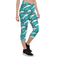 Womens Dolphin and Waves Capri Leggings