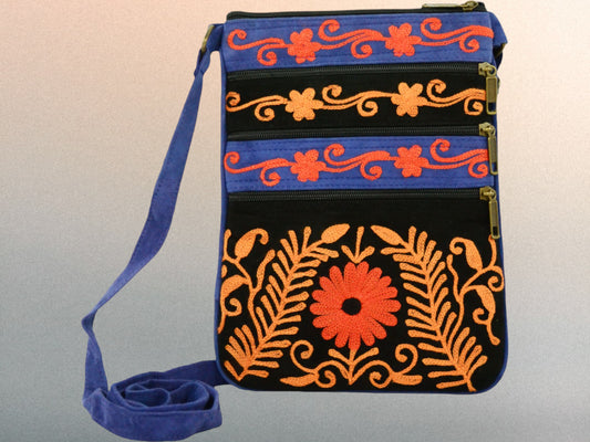 Suede Embroidered Tangerine and Blue Crossbody Bags