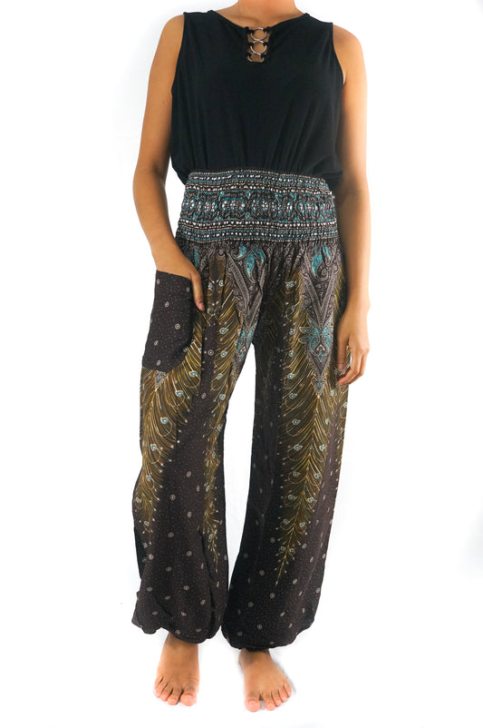 Brown Teal PEACOCK Women Boho Pants Hippie Pants Yoga Pants