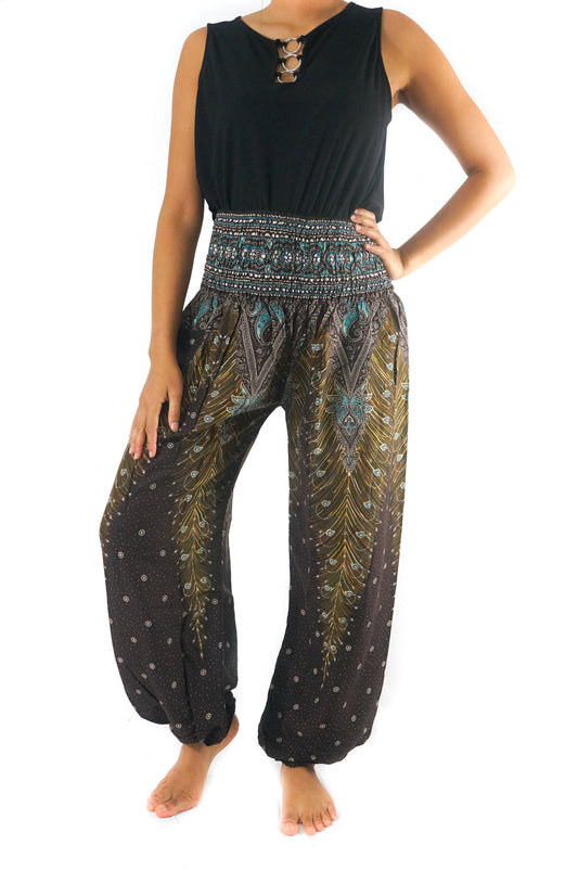 Brown Teal PEACOCK Women Boho Pants Hippie Pants Yoga Pants