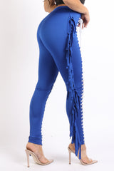 Chic Lace up Detailed Fringe Tassel Pants Leggings ROYAL