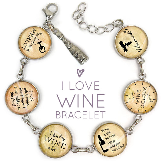 I Love of Wine - Glass Charm Stainless Steel Bracelet with Wine Bottle