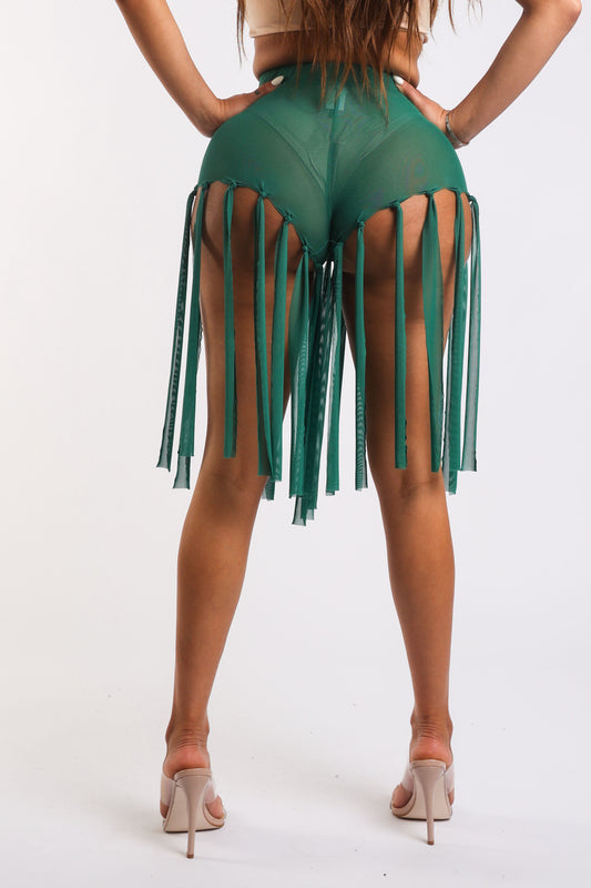 Get Party-Ready with These Fringed Mesh Sexy Shorts GREEN