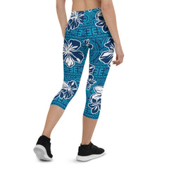 Womens Hawaii Hibiscus Blue Floral Capri Leggings