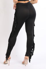 Chic Lace up Detailed Fringe Tassel Pants Leggings BLACK