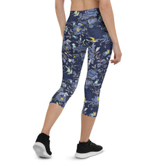 Oriental Floral Capri Leggings on Navy Blue