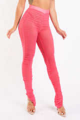 Casual Ruched Mesh Elastic Waist Sexy Leggings Slit Hem FUCHSIA