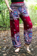 Burgundy FLORAL MANDALA Women Boho Pants Hippie Pants Yoga